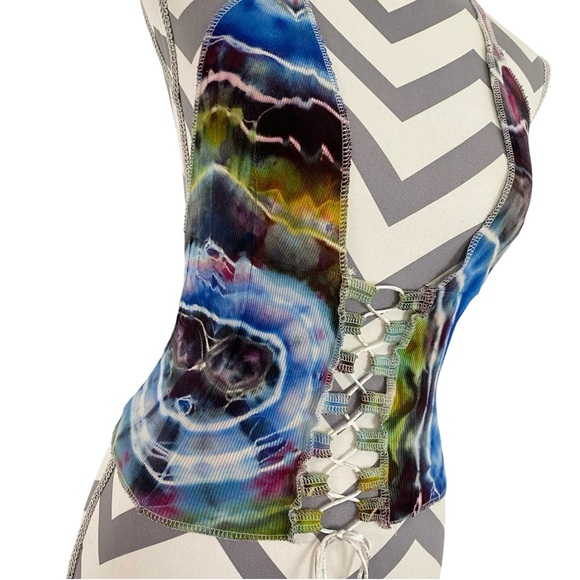 Handmade Geode Tie Dye Tank Top Halter Womens Small Ribbed Shirt Blue Upcycled - Picture 4 of 11